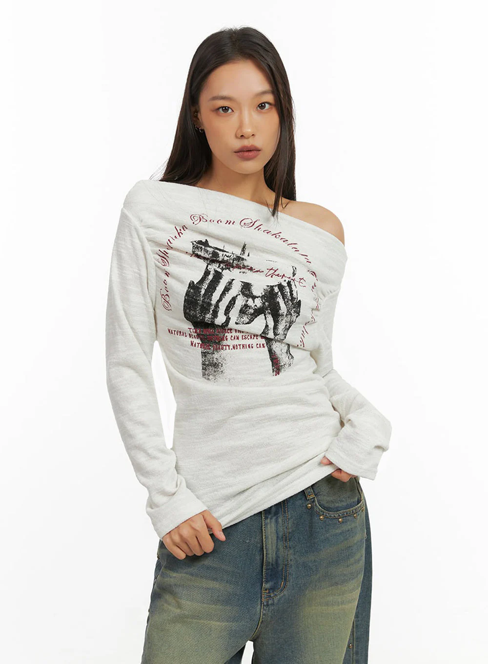 Trendy Off Shoulder Graphic Print Top IO409 - Image 10