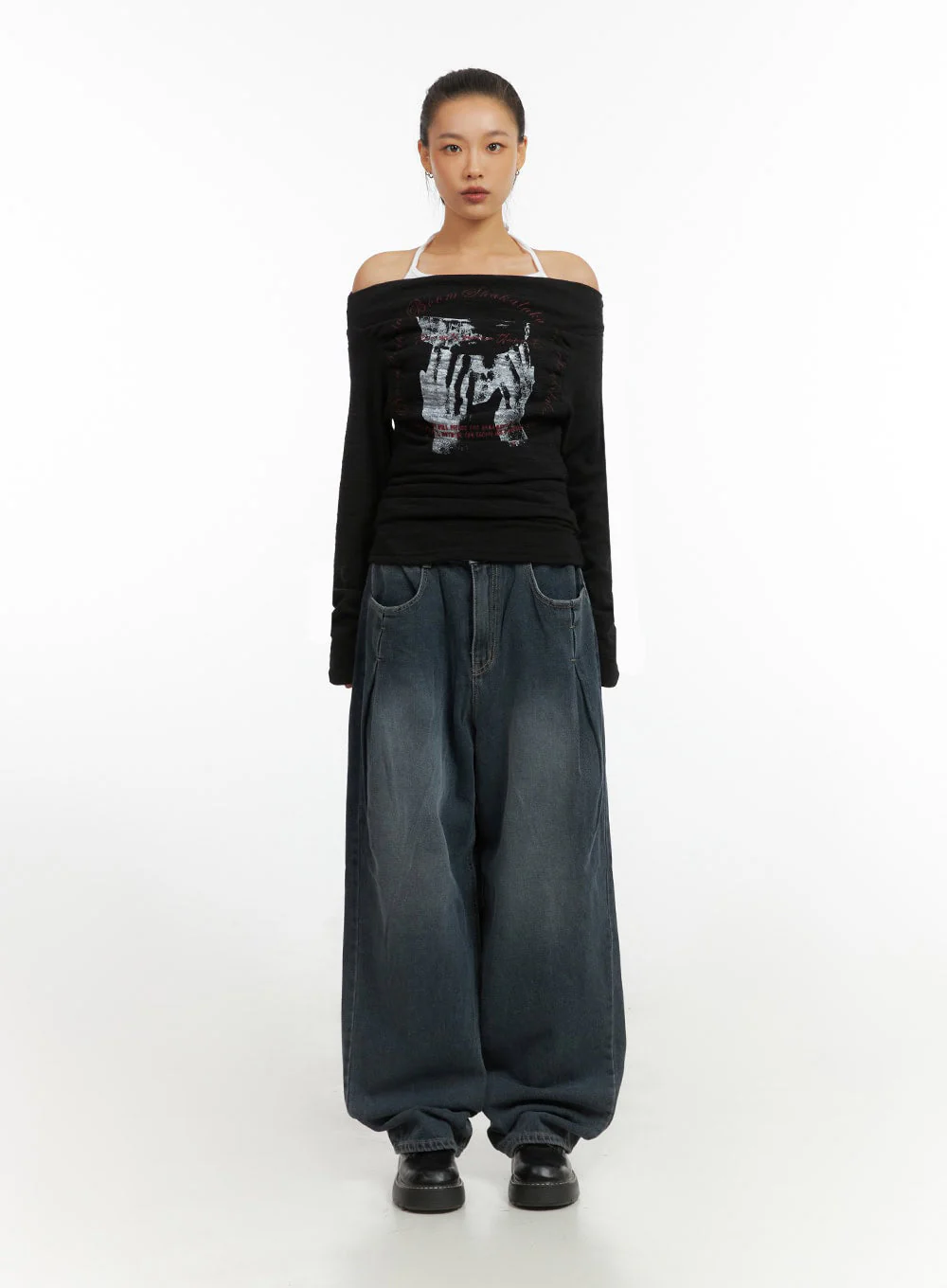 Trendy Off Shoulder Graphic Print Top IO409 - Image 6