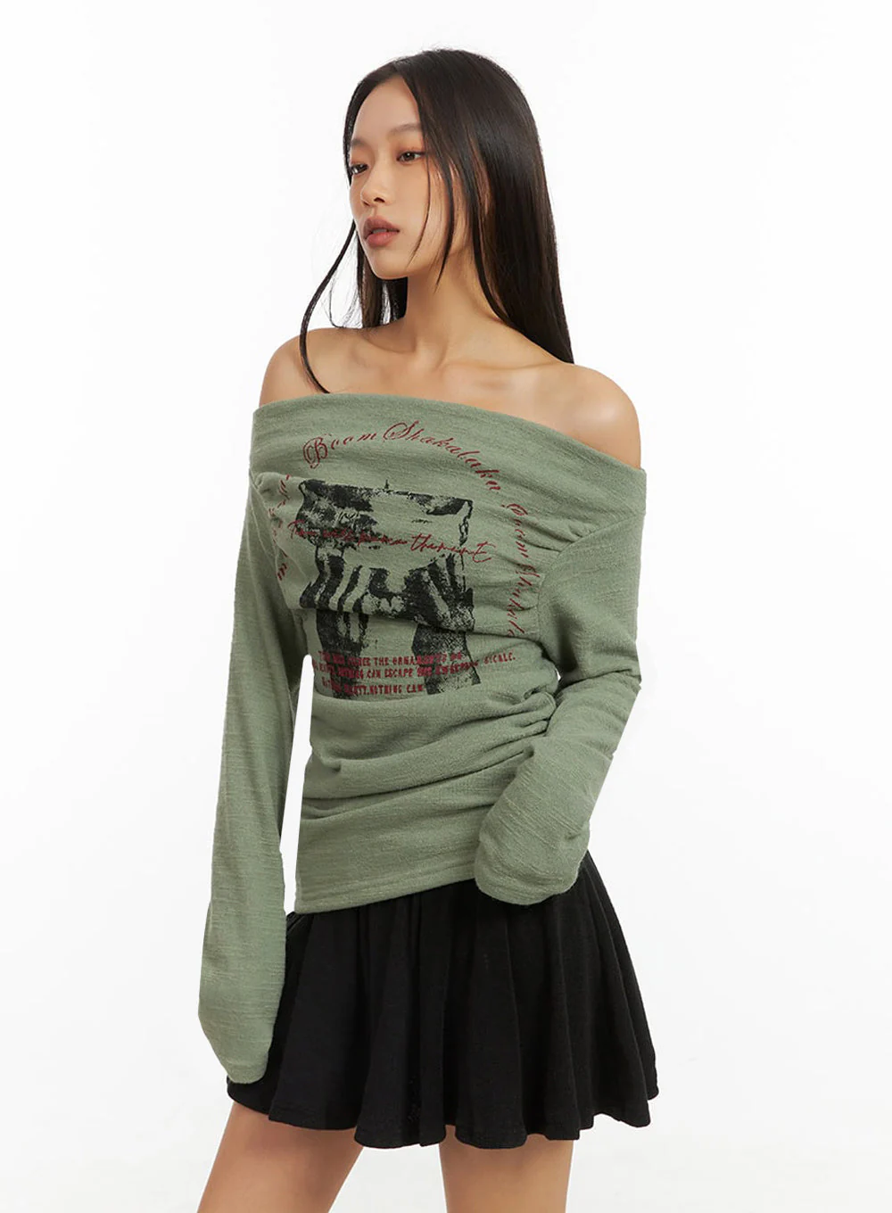 Trendy Off Shoulder Graphic Print Top IO409 - Image 7