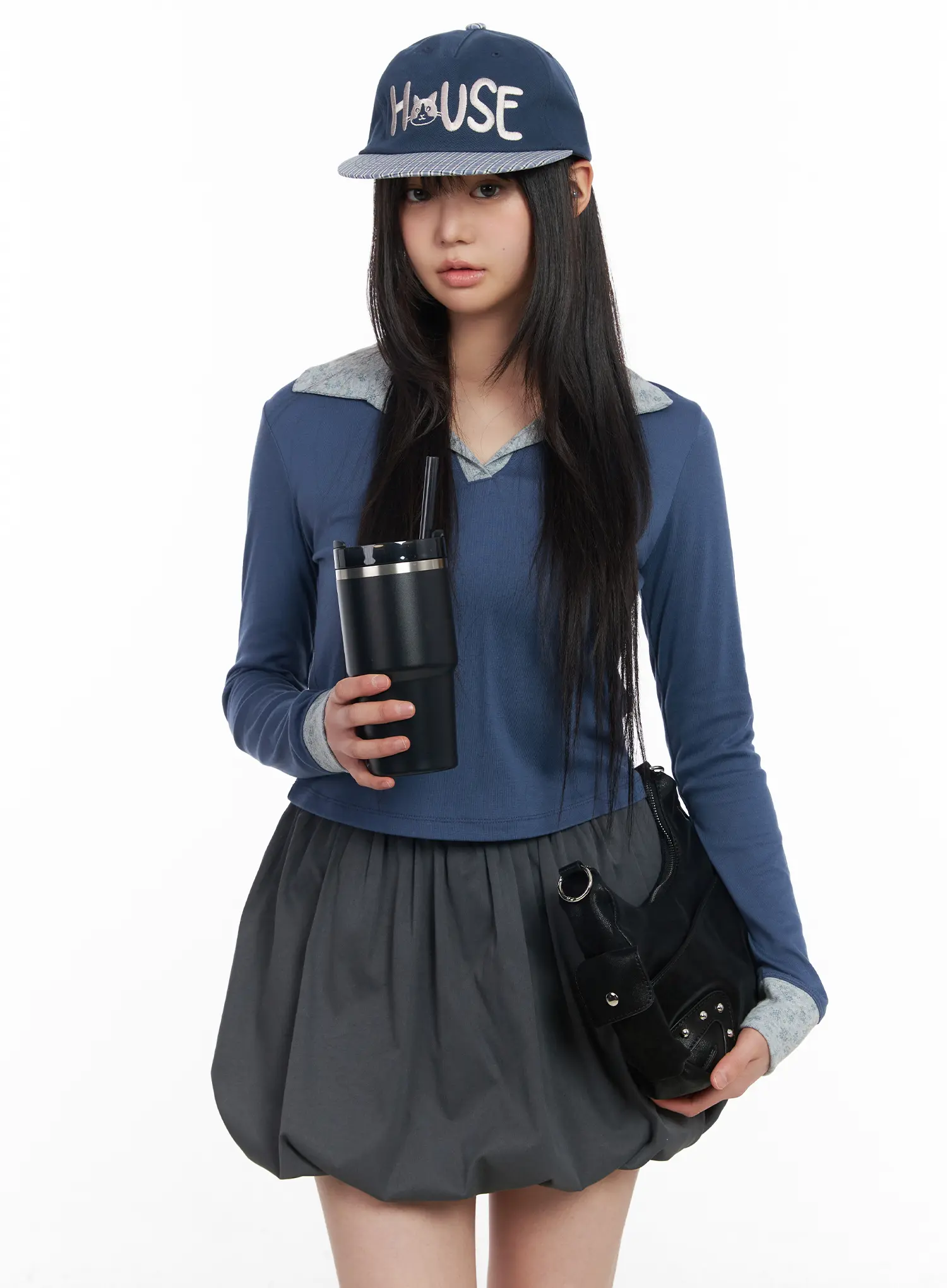 Two-Tone Collar Floral Long Sleeve Tee CM513