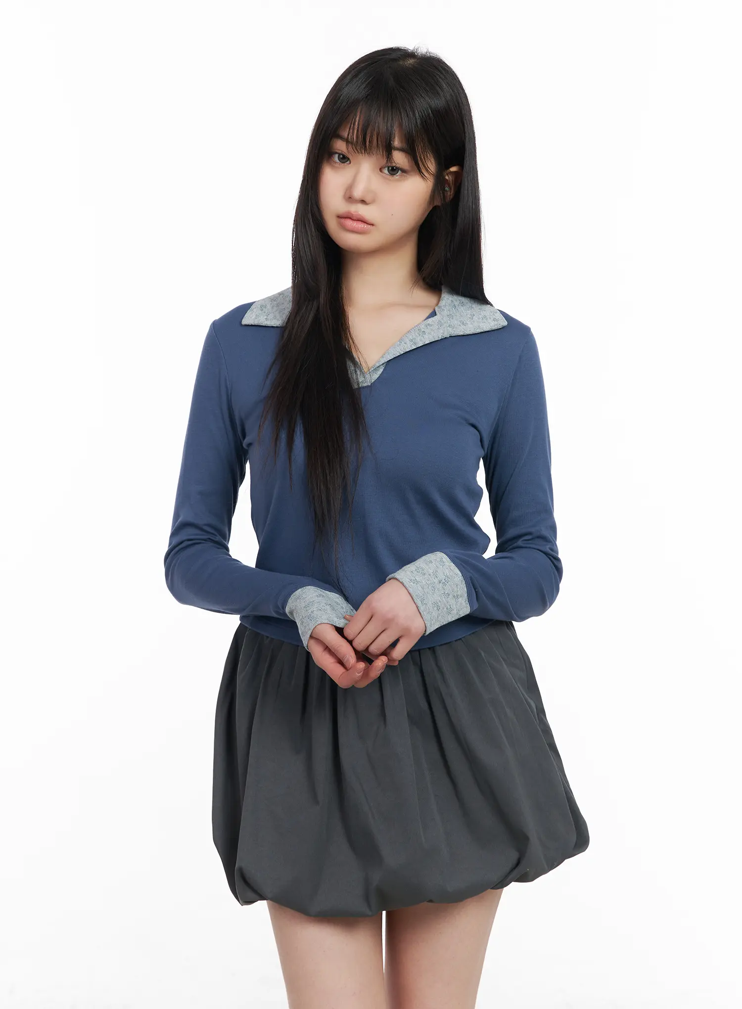 Two-Tone Collar Floral Long Sleeve Tee CM513 - Image 10