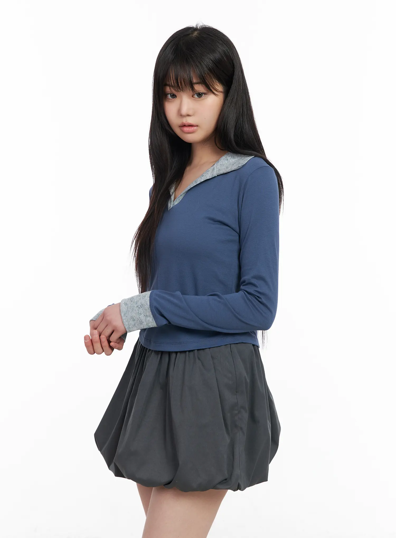 Two-Tone Collar Floral Long Sleeve Tee CM513 - Image 6