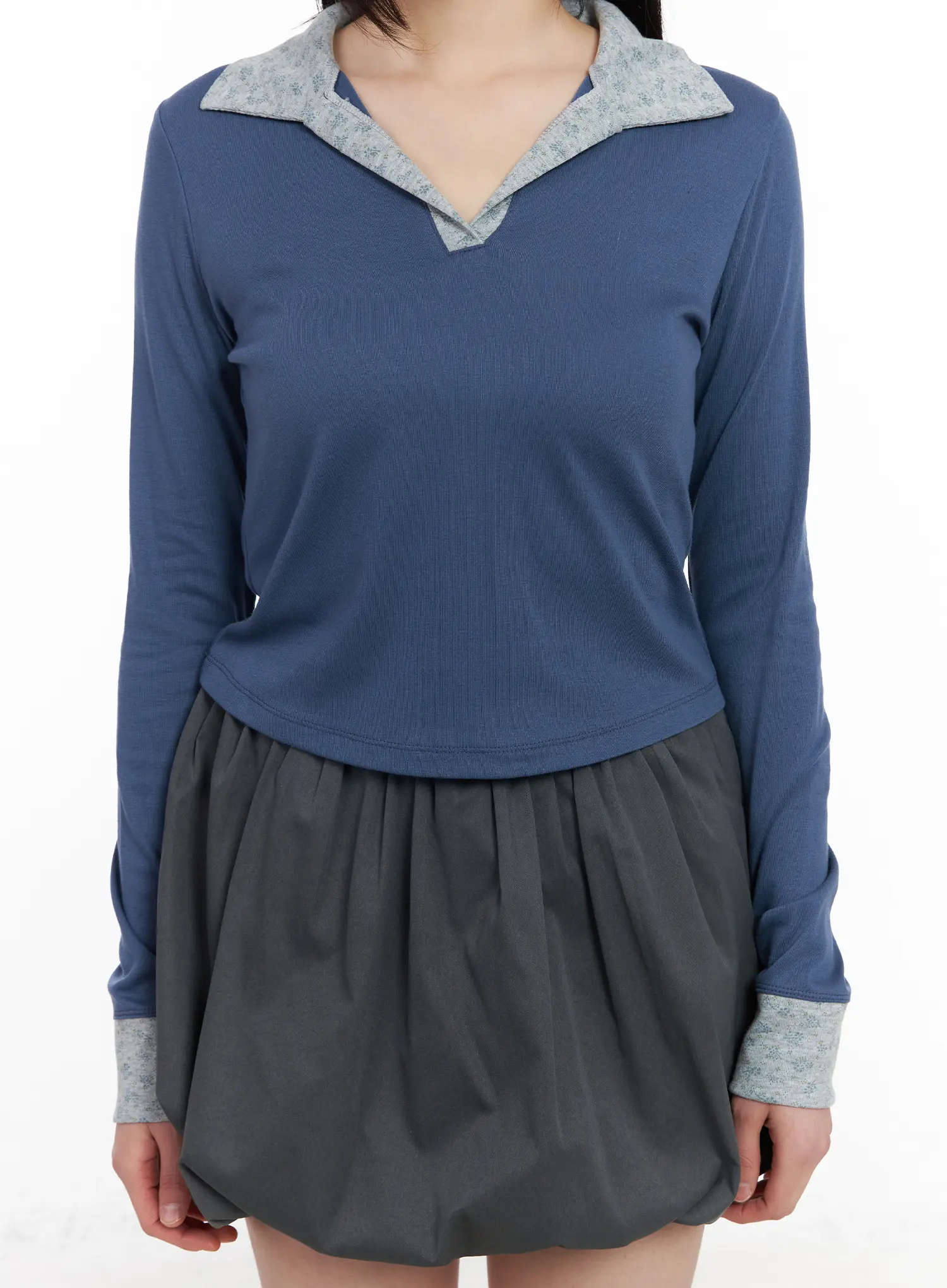 Two-Tone Collar Floral Long Sleeve Tee CM513 - Image 8
