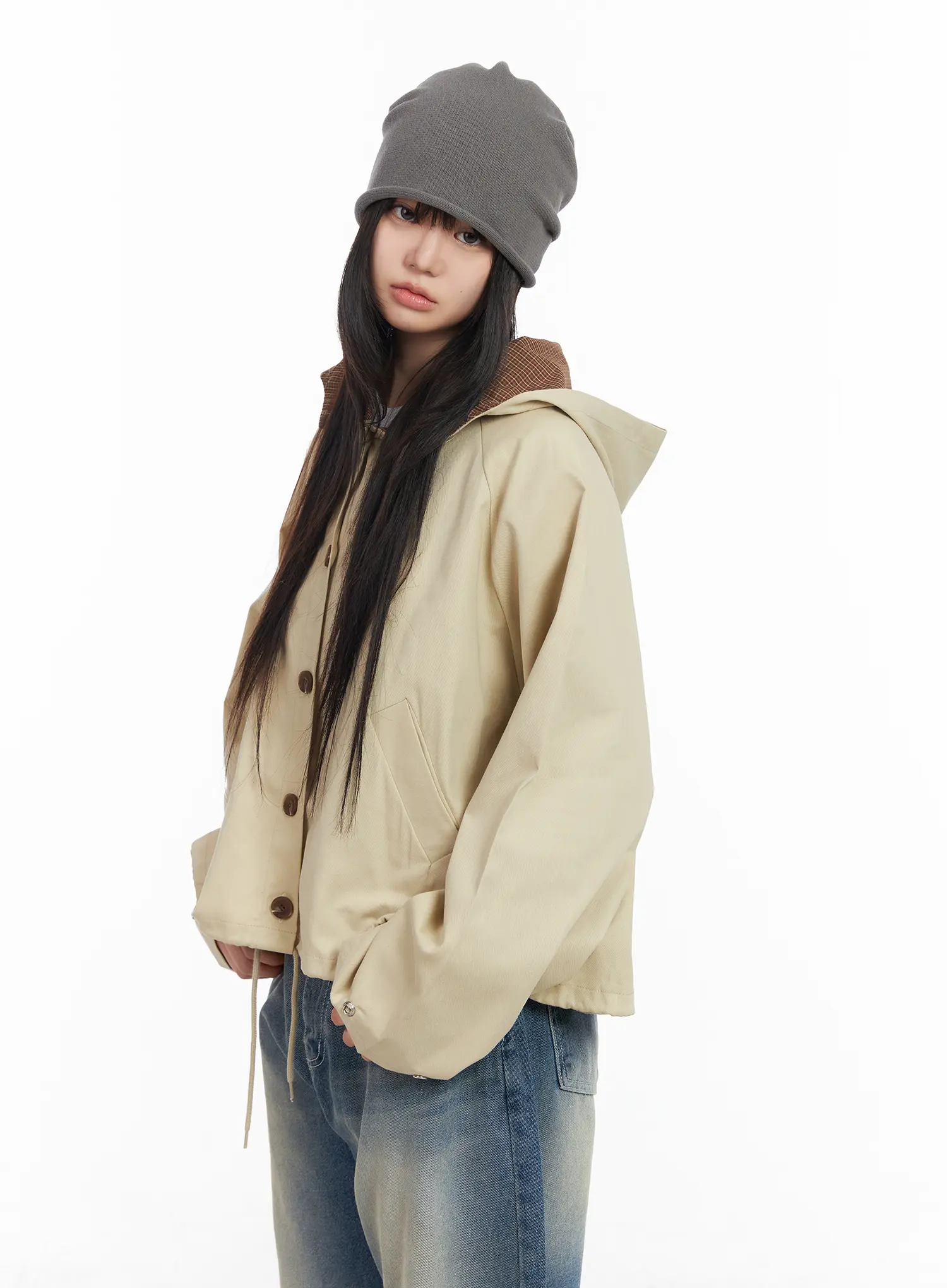 Two-Tone Short Trench Hooded Jacket CM512 - Image 6