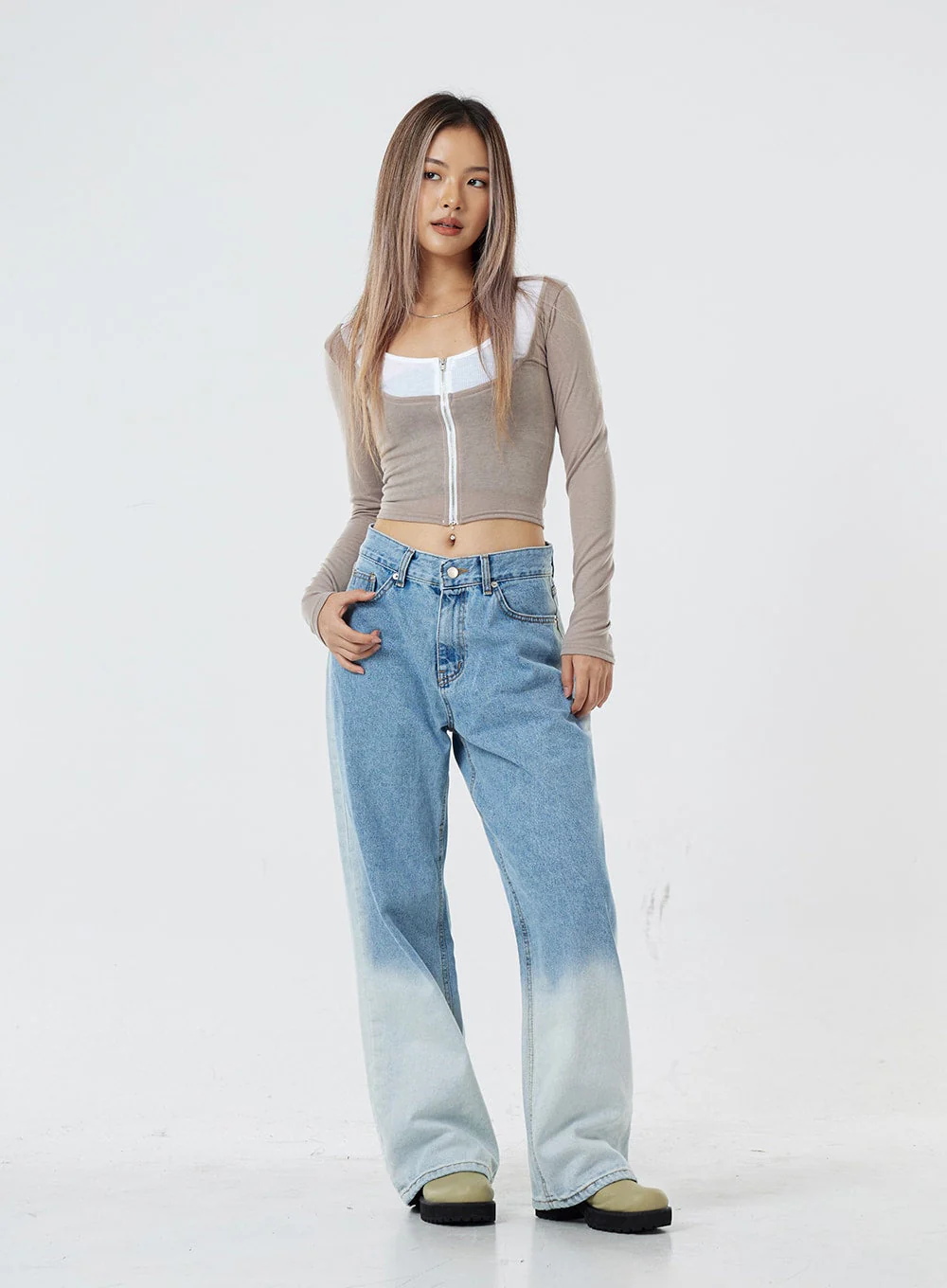Two Tone Zip-Up Cropped Top CG31 - Image 3