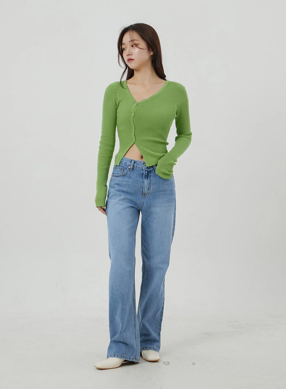 Unbalanced Ribbed Knit Button Cropped Top OJ319 - Image 3