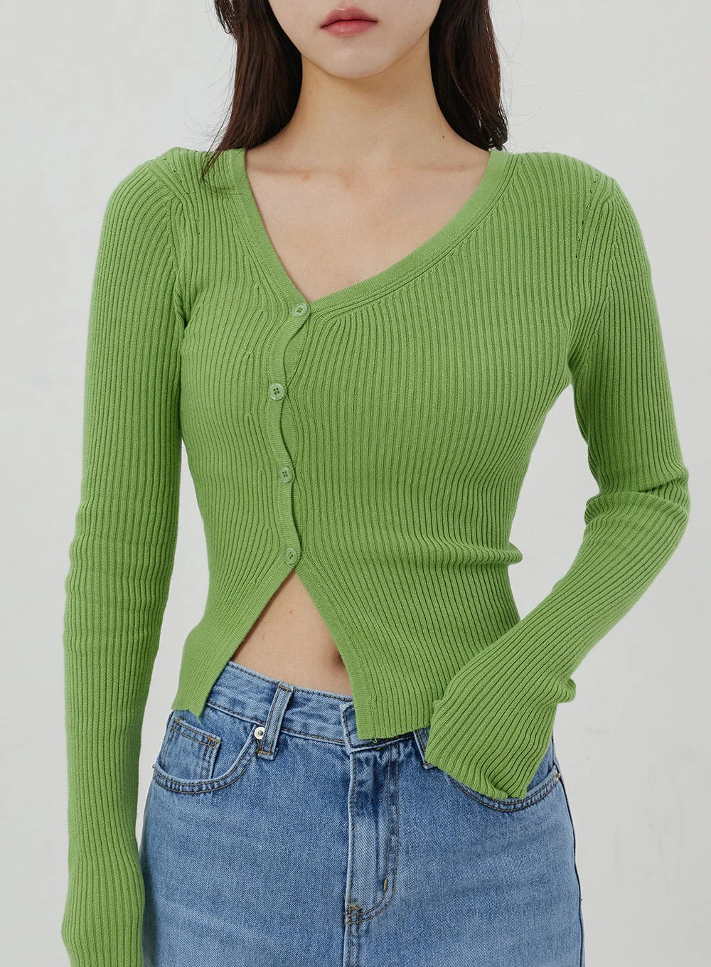 Unbalanced Ribbed Knit Button Cropped Top OJ319 - Image 8