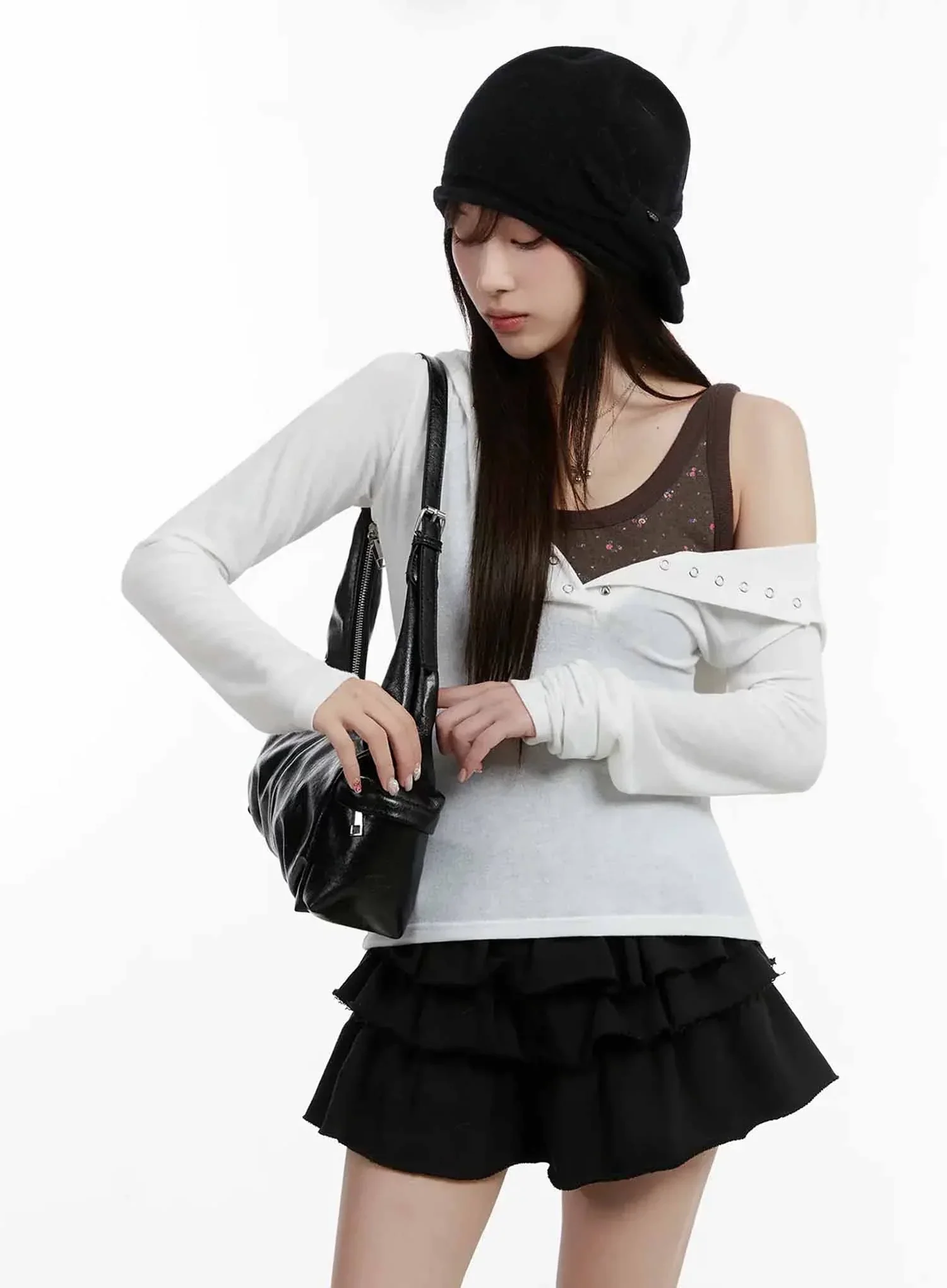V Neck Button Slim Hooded Top IJ516