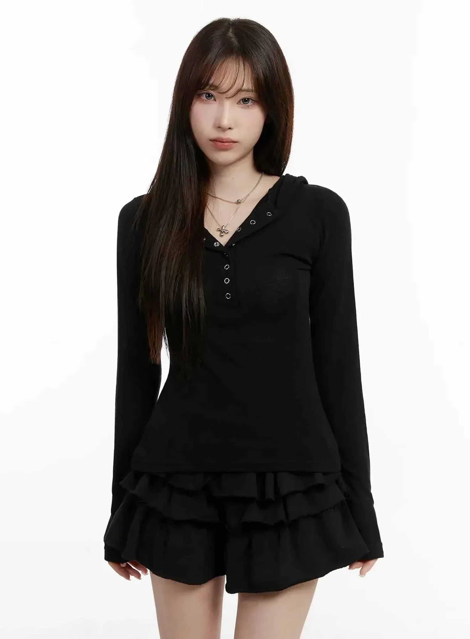 V Neck Button Slim Hooded Top IJ516 - Image 2