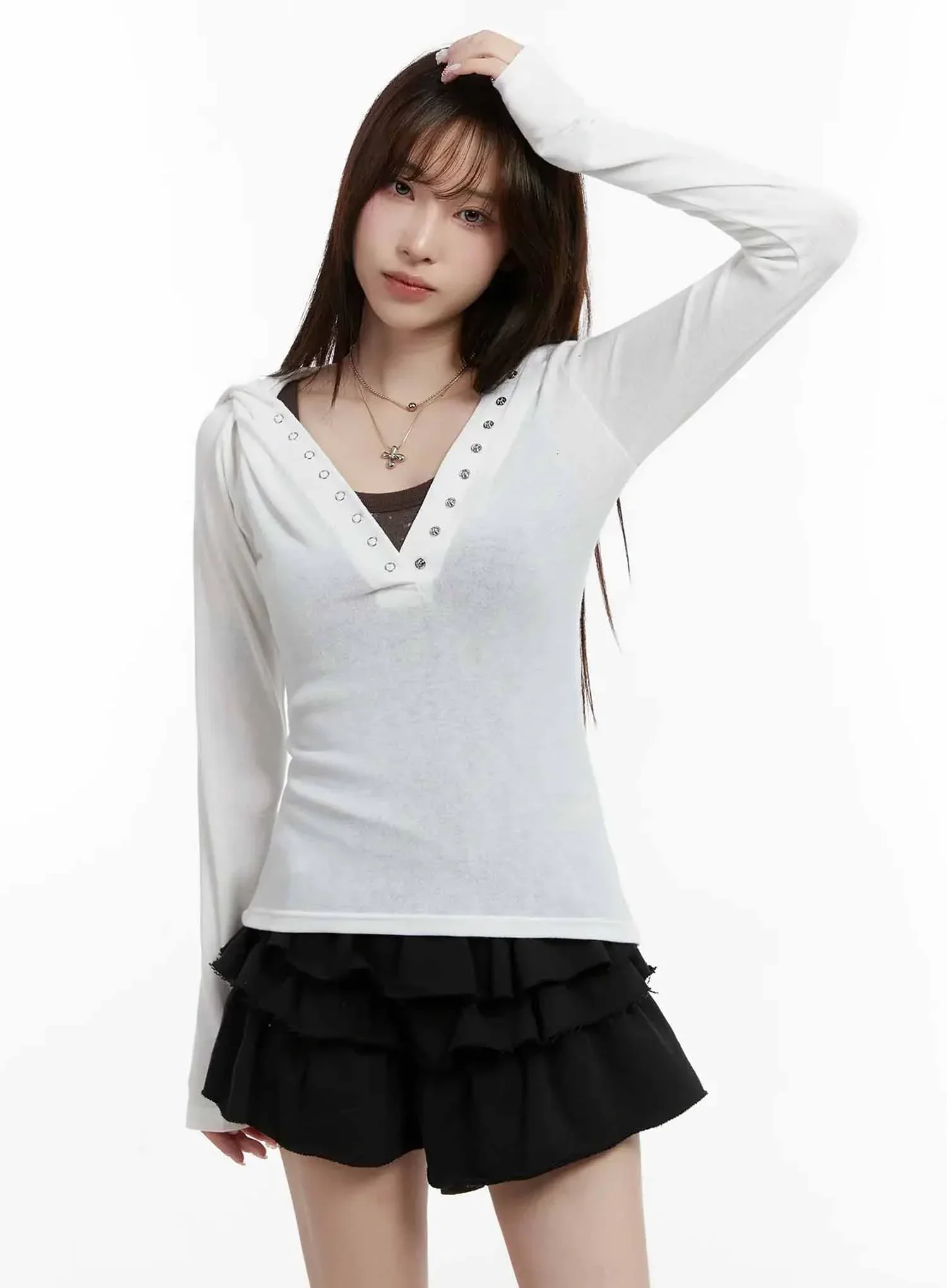 V Neck Button Slim Hooded Top IJ516 - Image 3