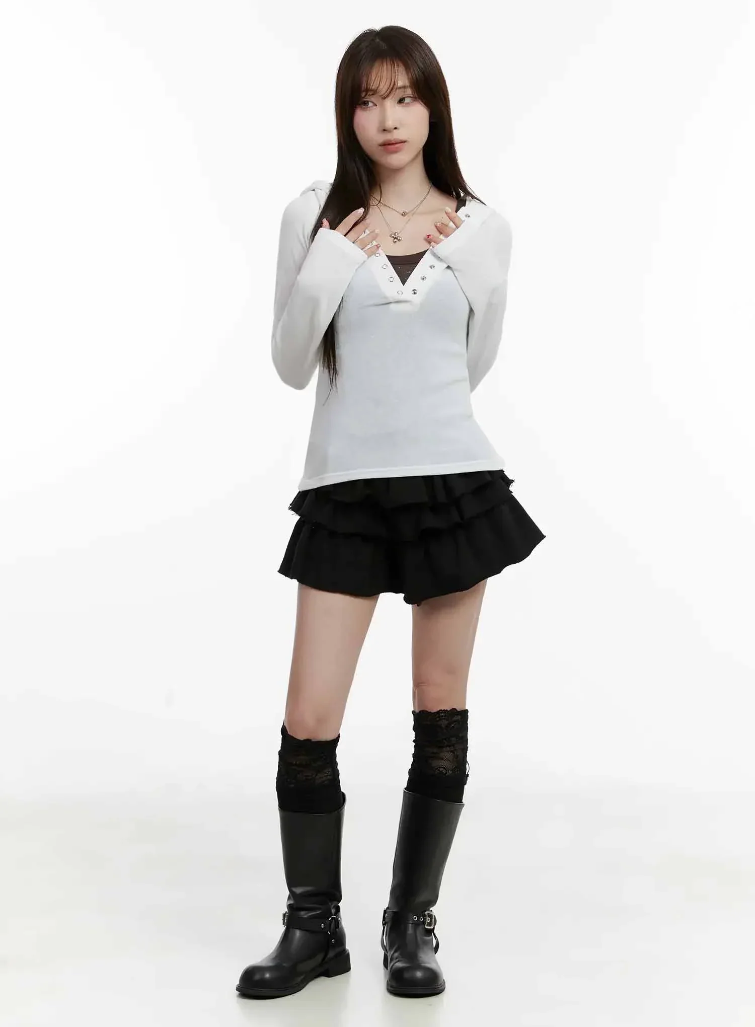 V Neck Button Slim Hooded Top IJ516 - Image 6