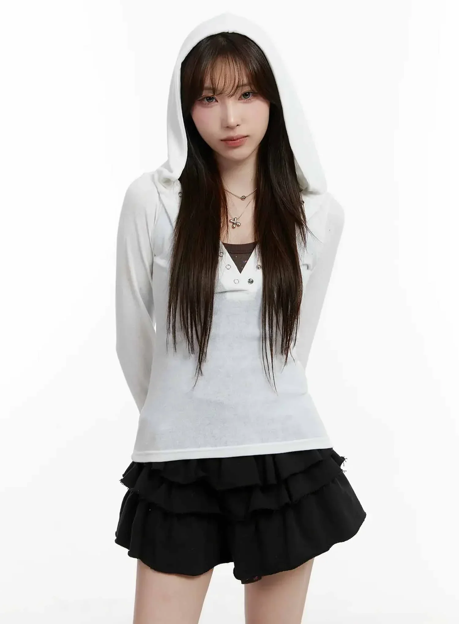 V Neck Button Slim Hooded Top IJ516 - Image 7