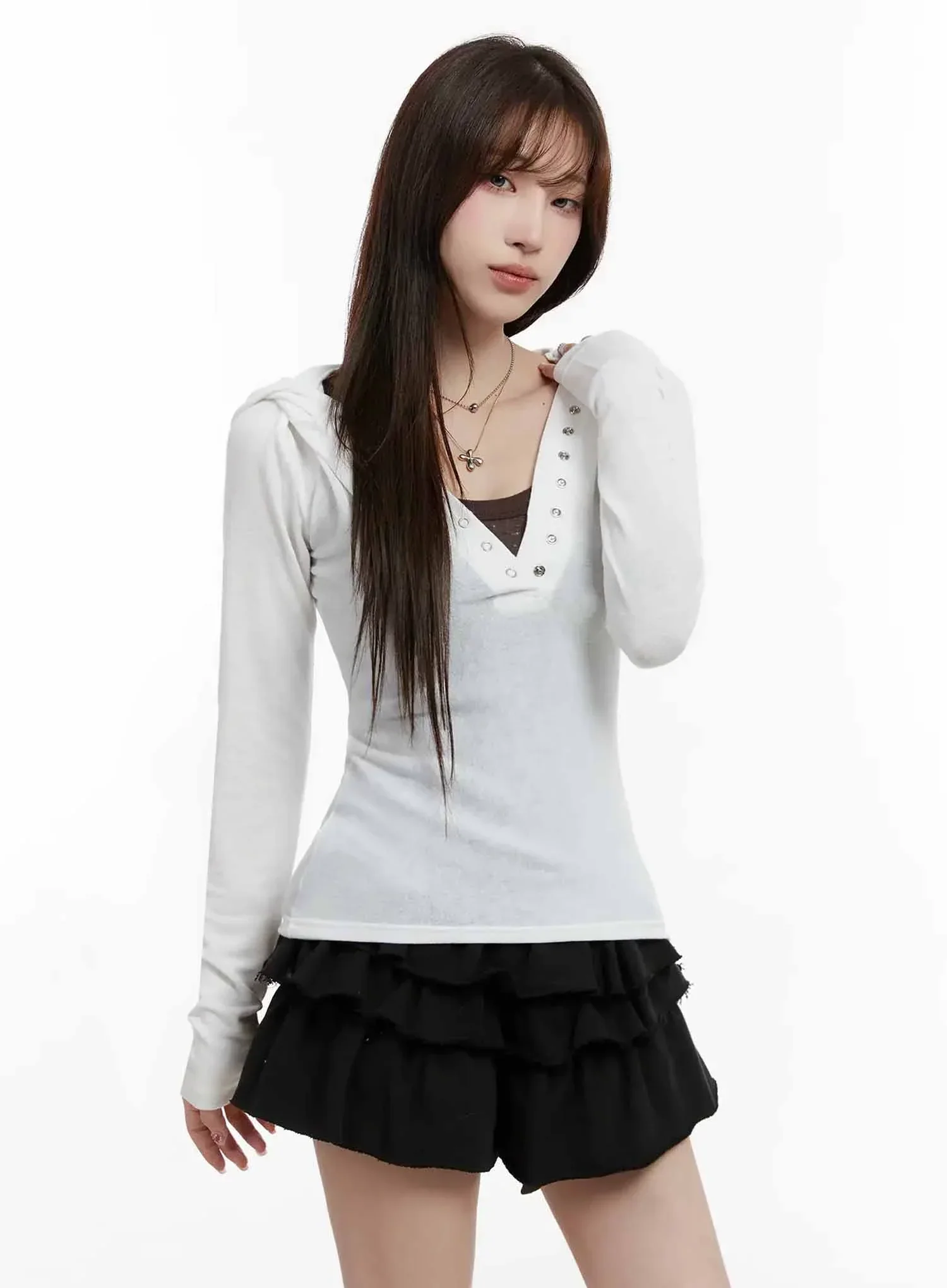 V Neck Button Slim Hooded Top IJ516 - Image 8