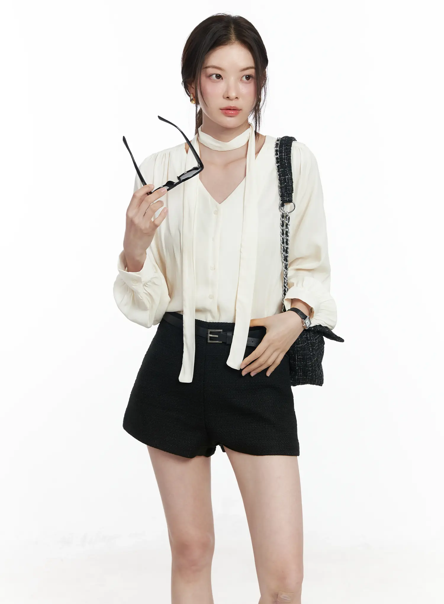 V-Neck Shirred Blouse and Scarf Set IF525