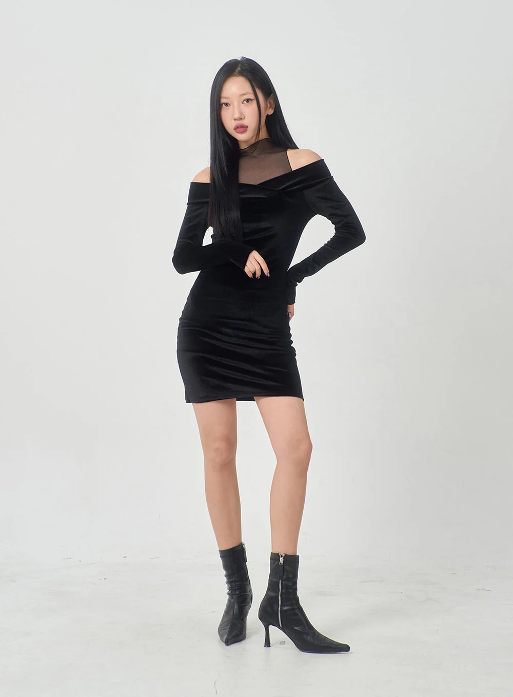 Velvet Off-Shoulder Mesh Neck Mini Dress BD23 - Image 14