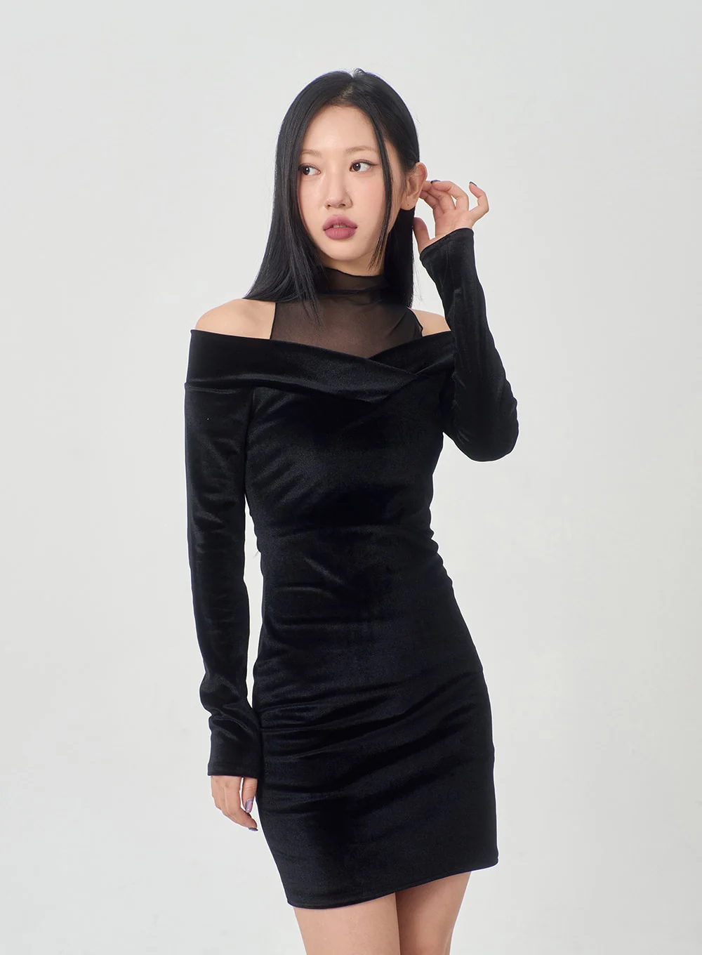 Velvet Off-Shoulder Mesh Neck Mini Dress BD23 - Image 15