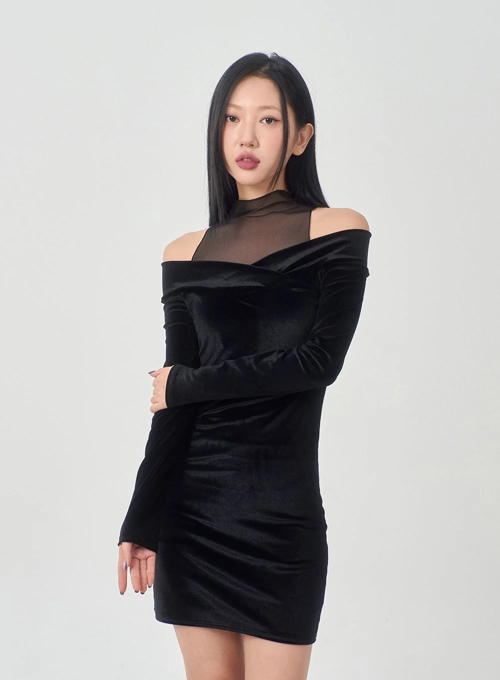 Velvet Off-Shoulder Mesh Neck Mini Dress BD23 - Image 17