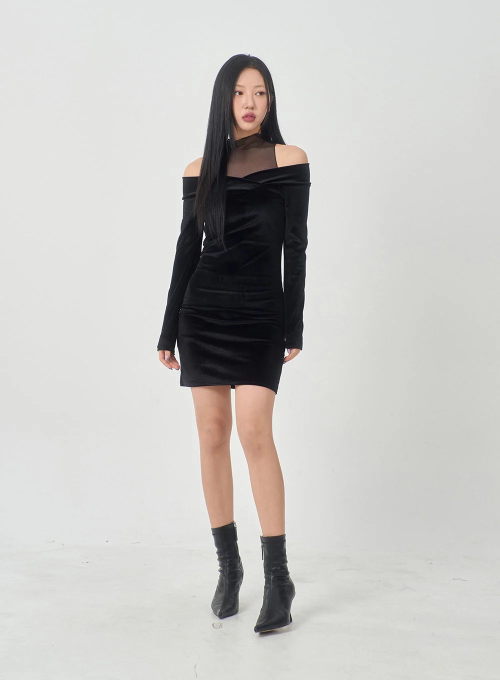 Velvet Off-Shoulder Mesh Neck Mini Dress BD23 - Image 7
