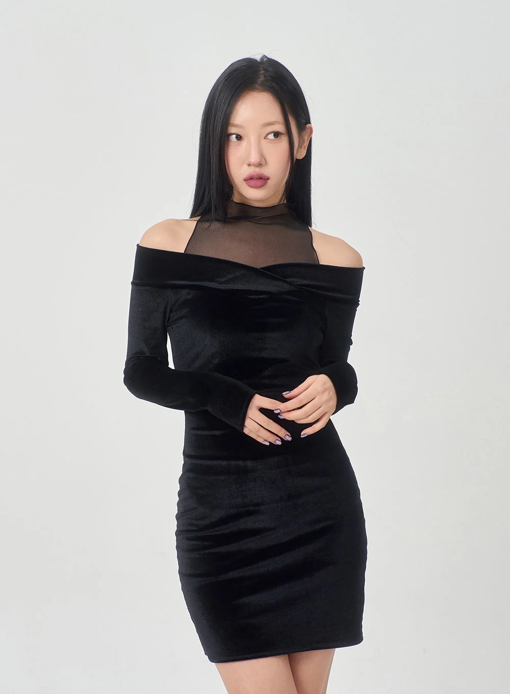 Velvet Off-Shoulder Mesh Neck Mini Dress BD23 - Image 9