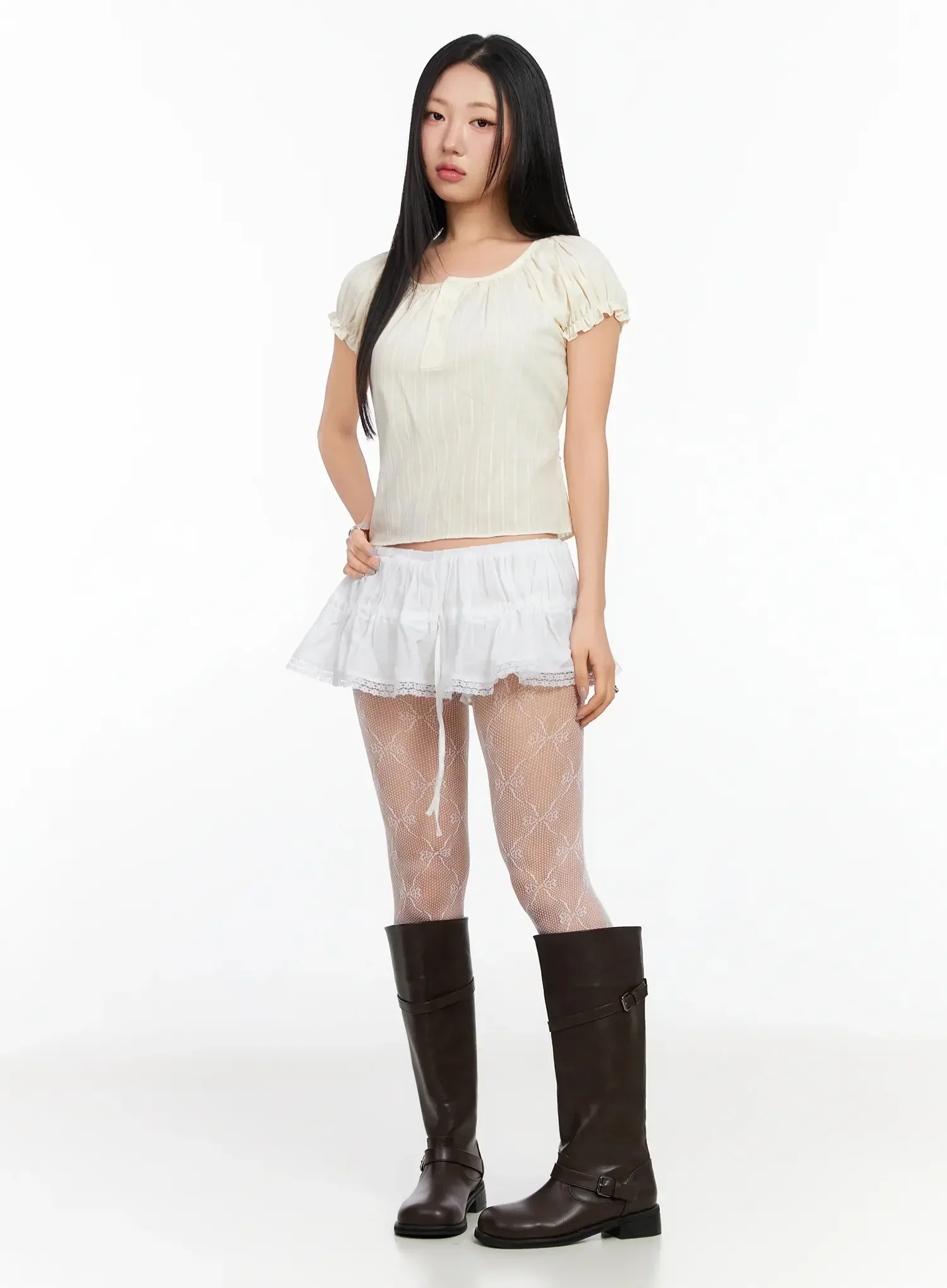 Vintage Puff Sleeve Lace Trim Blouse IA507 - Image 6