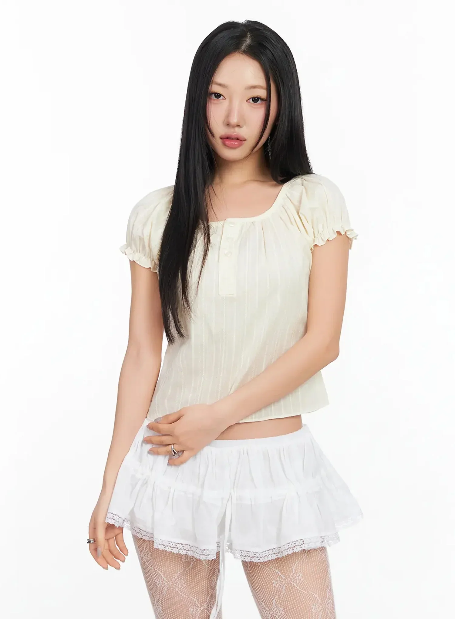 Vintage Puff Sleeve Lace Trim Blouse IA507 - Image 7