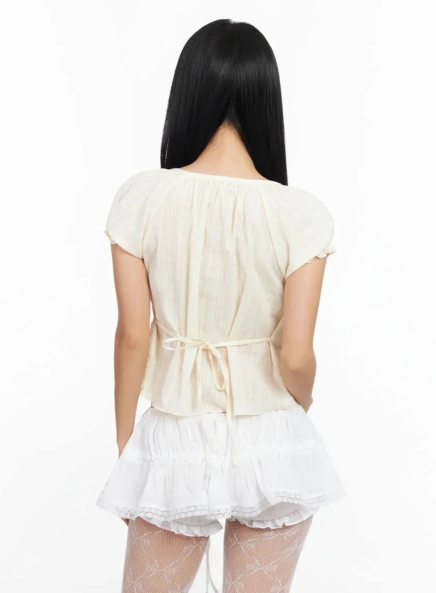 Vintage Puff Sleeve Lace Trim Blouse IA507 - Image 9