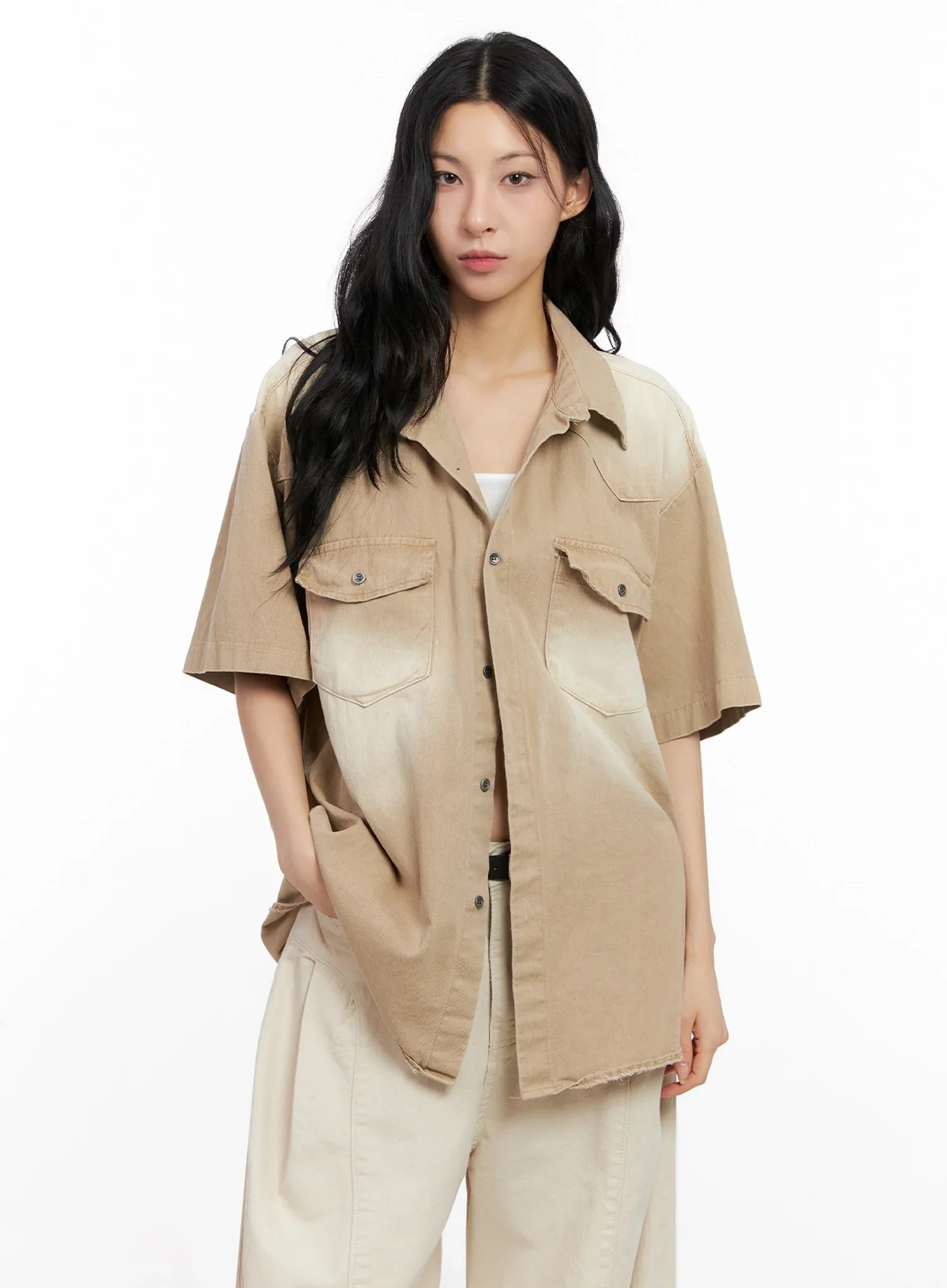 Washed Short-Sleeve Button-Up Shirt IG508 - Image 6
