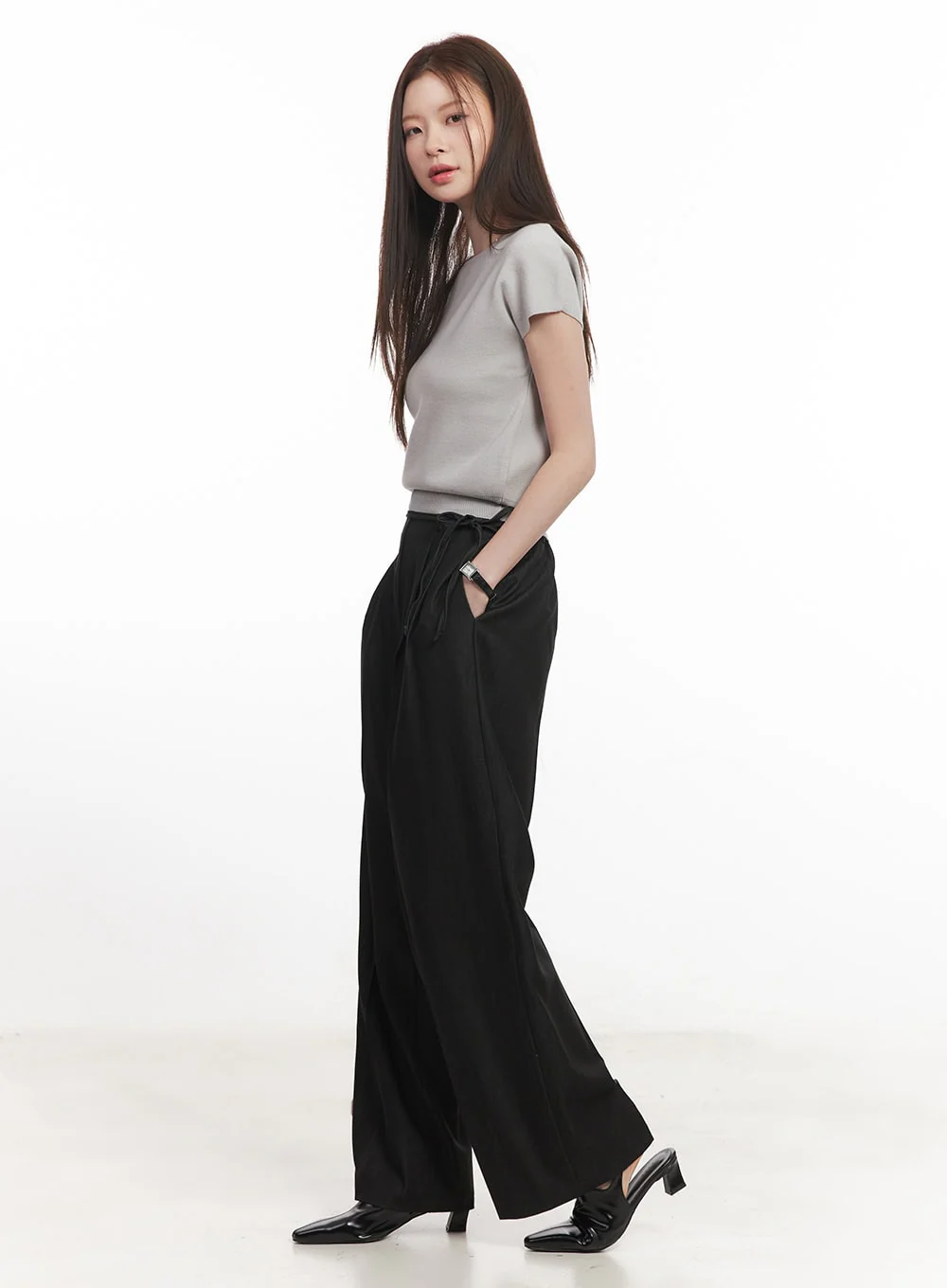 Wide-Leg Slacks with Ribbon Detail CA502 - Image 4