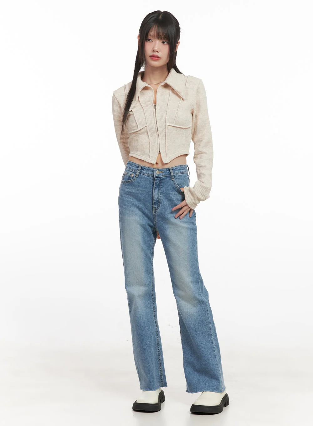 Zip-Up Collared Long-Sleeve Crop Top CJ523 - Image 2