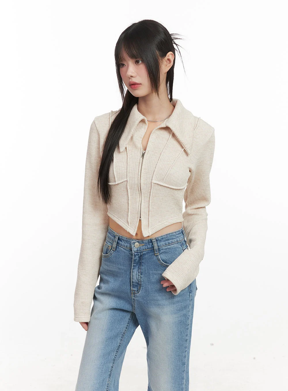 Zip-Up Collared Long-Sleeve Crop Top CJ523 - Image 3