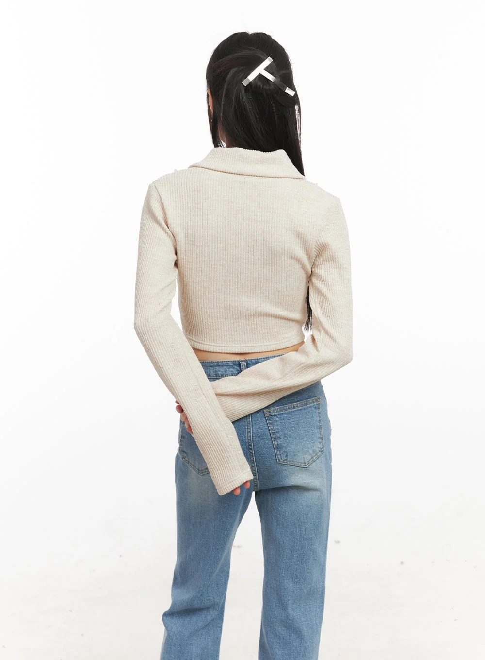 Zip-Up Collared Long-Sleeve Crop Top CJ523 - Image 5