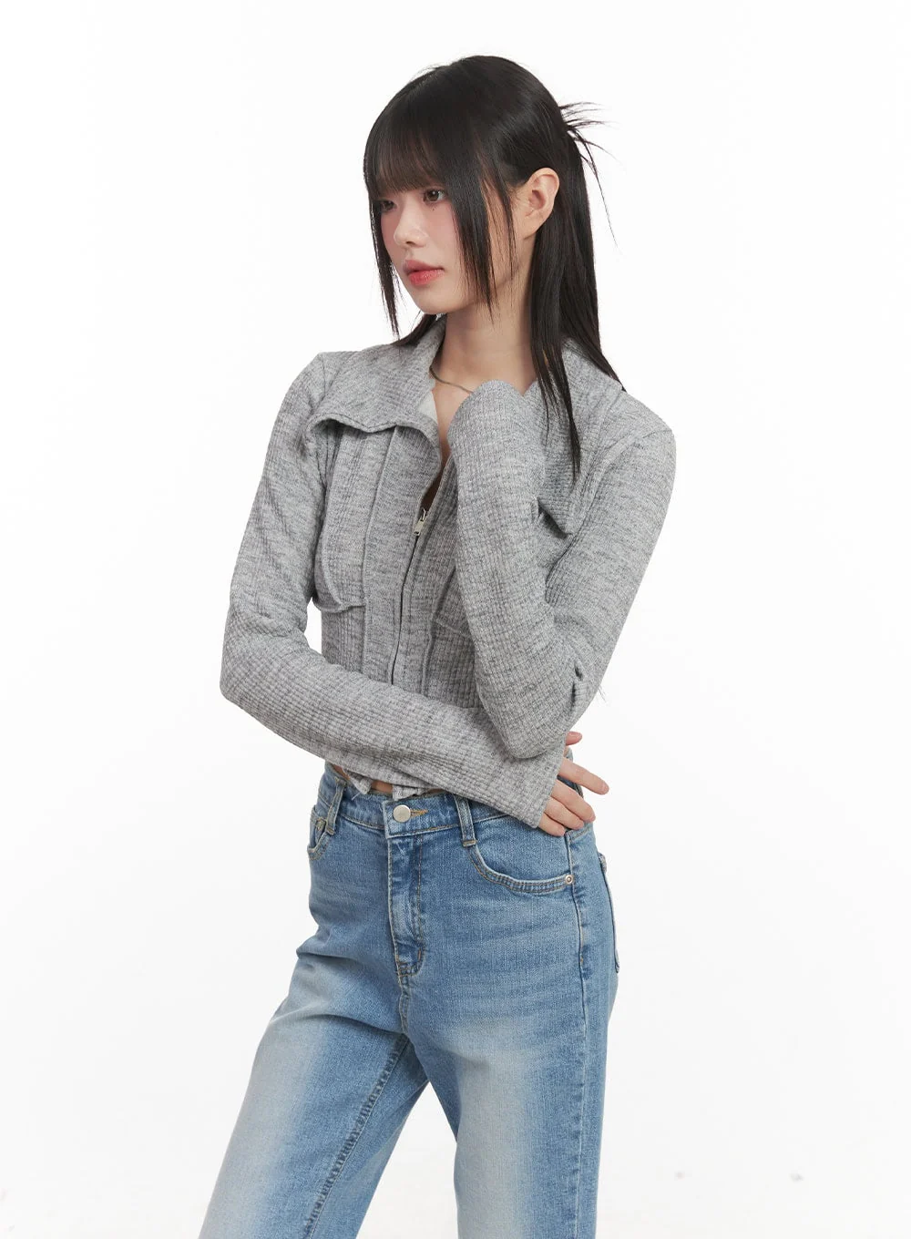 Zip-Up Collared Long-Sleeve Crop Top CJ523 - Image 8